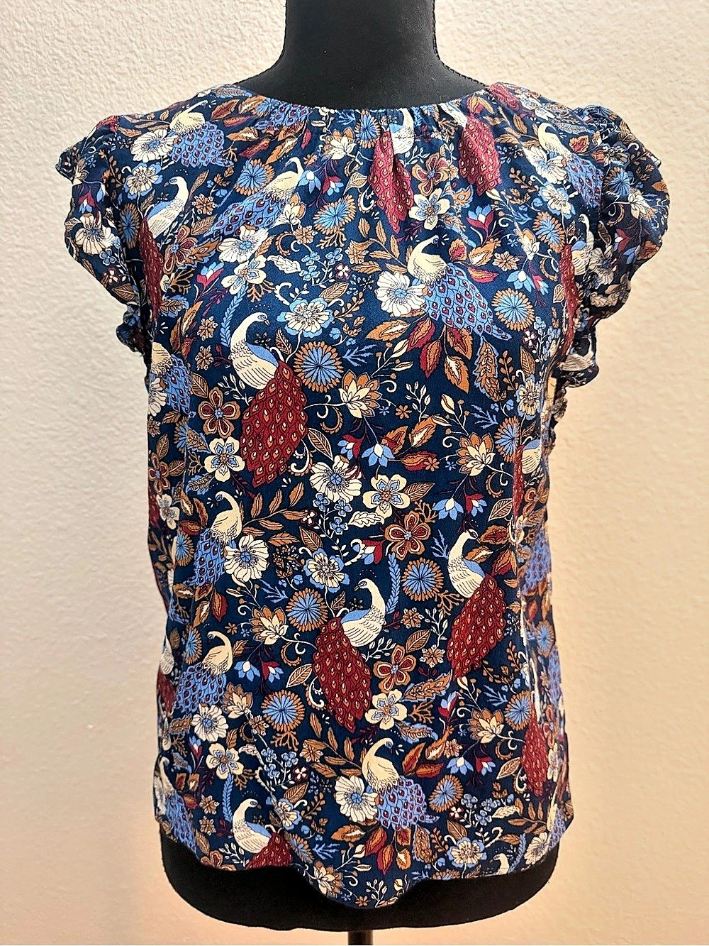 LOFT Floral Short Sleeve Blouse in Blue Size Small